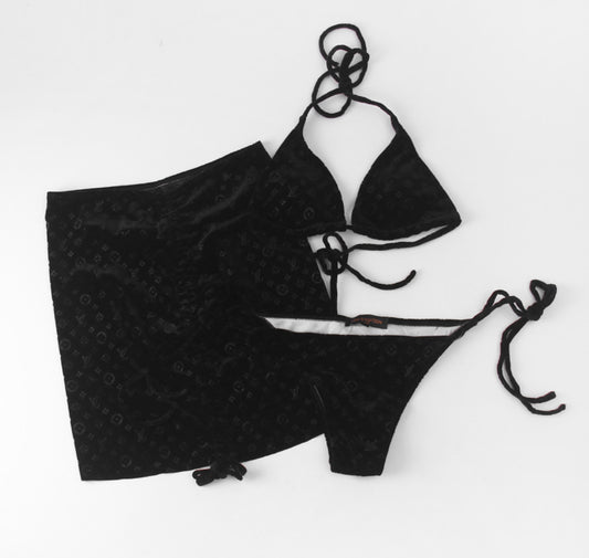 BLACK VELVET 3 PIECE BIKINI + SKIRT SET